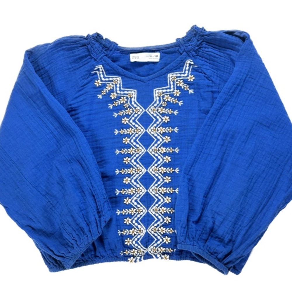 Zara Kids Embroidered Long Sleeve Boho Blue Blouse with Balloon Sleeves Size 10 - Picture 6 of 6
